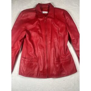 Evan Davies Leather Jacket Womens 14 Red Zip Front Collared‎ Lined Pockets